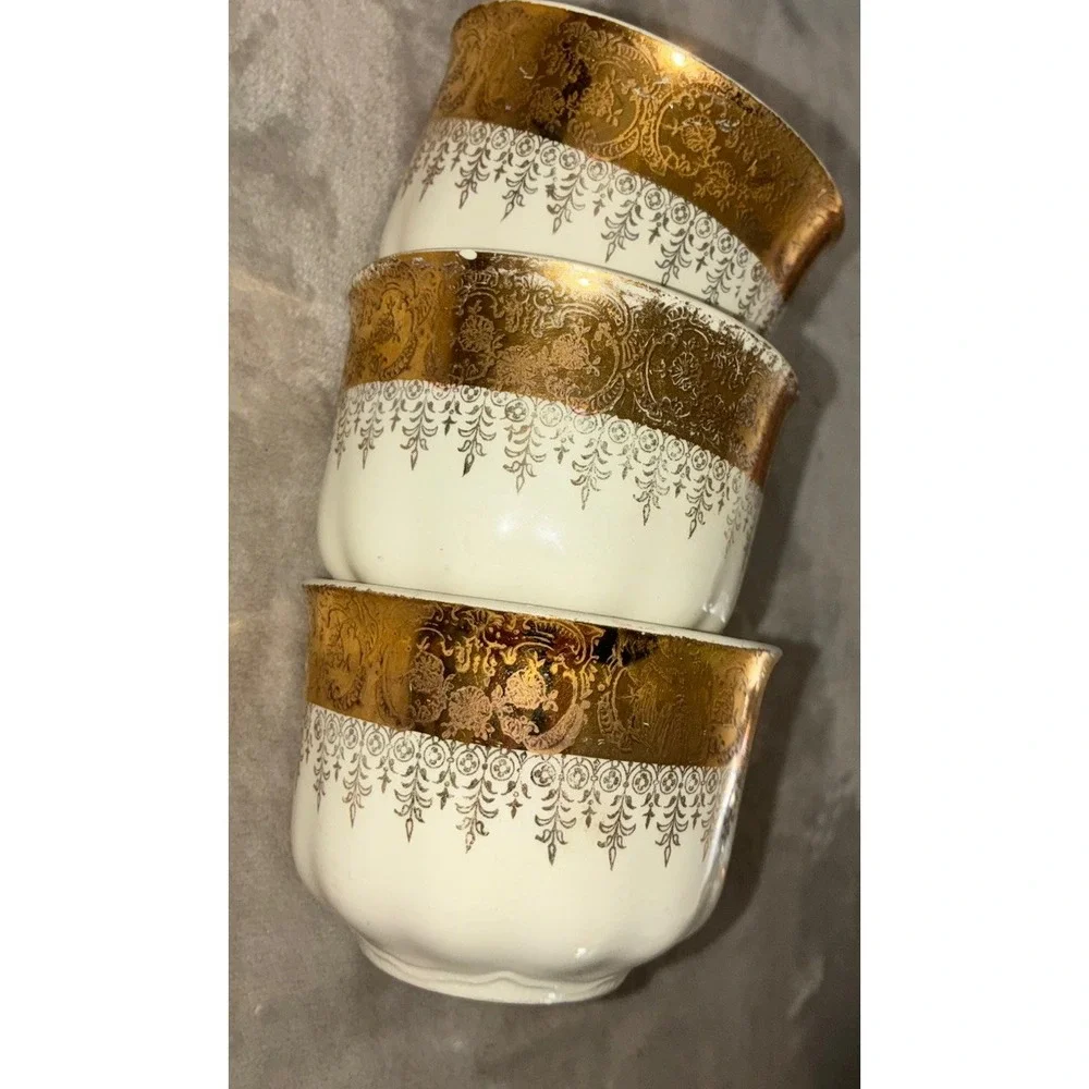 Vintage Vogue Gold Filigree Teacup White Floral 22k Gold Homer Laughlin Lot Of 3